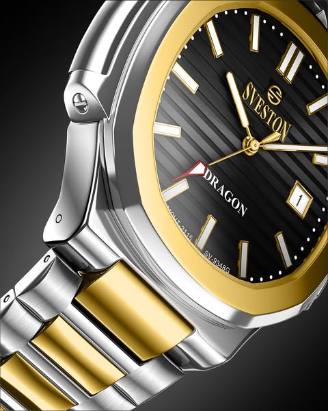 Sveston Dragon Luxury Men’s Watch – Dual Tone Stainless Steel | Black & Gold Dial | Quartz Movement