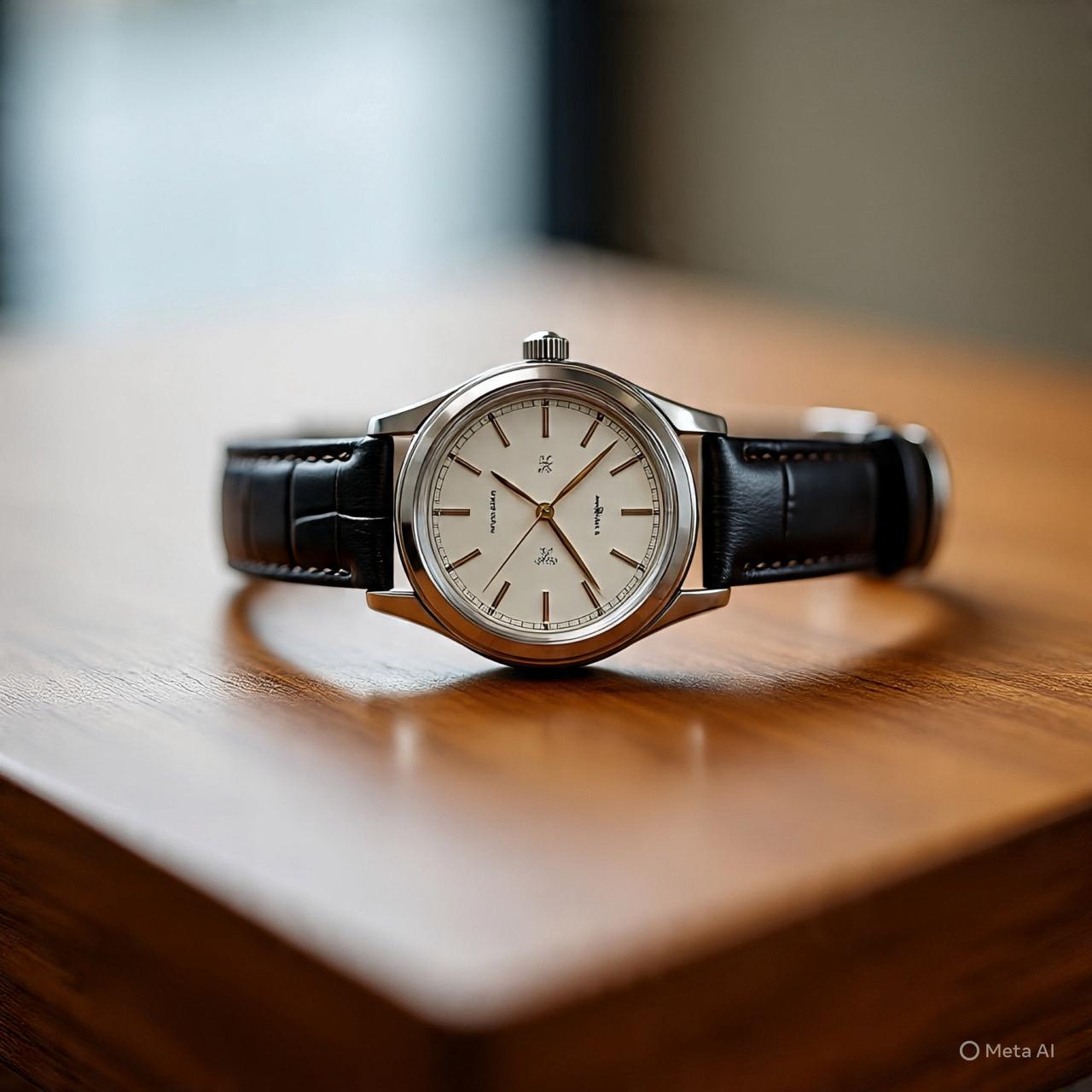 Classic Stainless-Steel Watch with Cream Dial & Premium Black Leather Strap